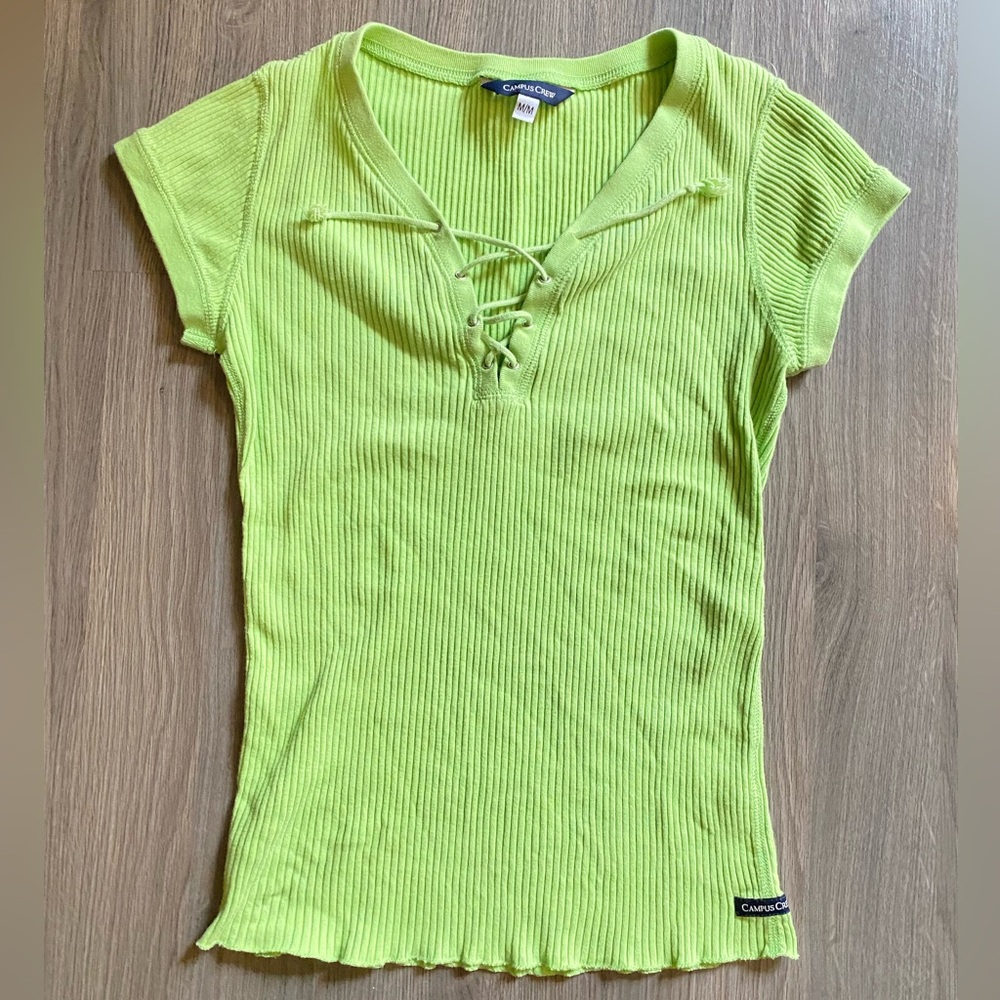 Bright green Ribbed Lace-Up Top